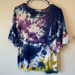Zara Ruffled Short Sleeve Tee Sz Small Purple Blue Yellow Tie Dye